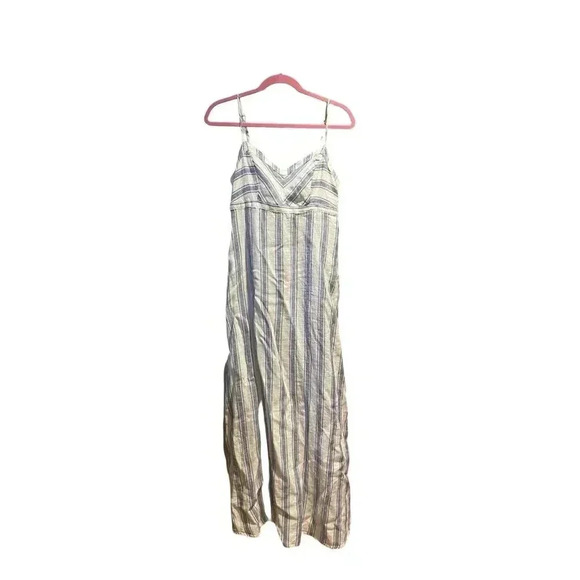 C & C California 100% Linen White Blue Strip Maxi Dress Adjustable Straps Size 4 - Picture 1 of 9